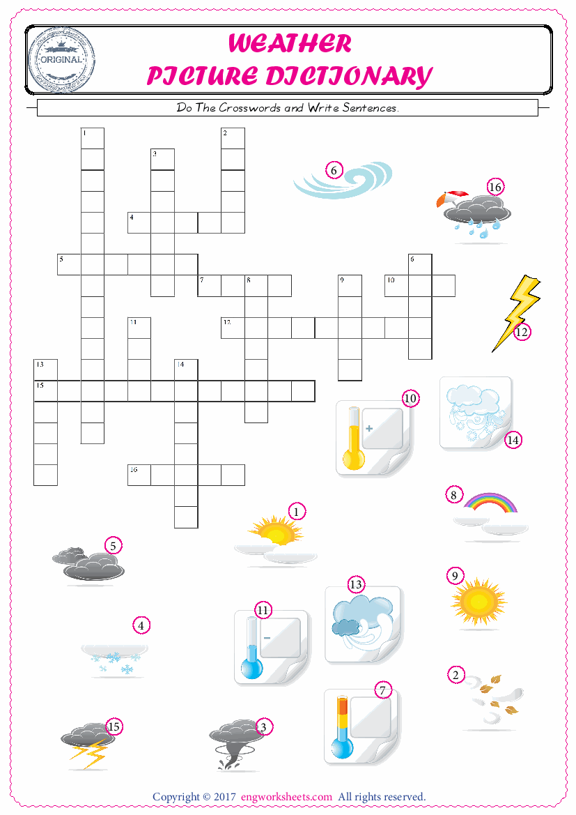  ESL printable worksheet for kids, supply the missing words of the crossword by using the Weather picture. 